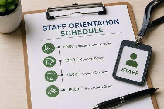 Staff orientation schedule on clipboard with a pen and ID card for the concept of onboarding and training.