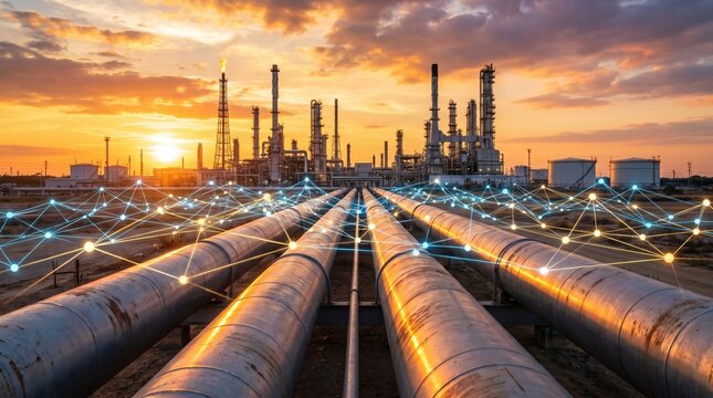 Concept d'industrie intelligente : pipelines de p&eacute;trole avec un r&eacute;seau num&eacute;rique lumineux et des connexions de donn&eacute;es superpos&eacute;s, menant vers une raffinerie au coucher du soleil.