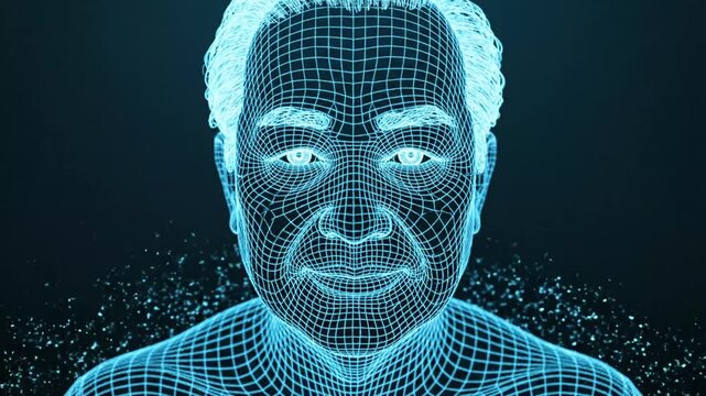 Digital human face with glowing neural network and biometric data