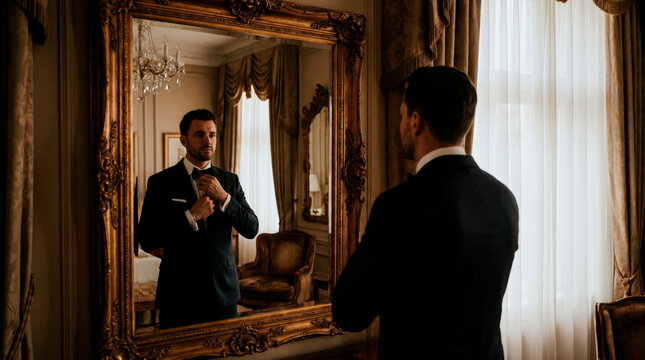 A well-dressed man in a tuxedo adjusts his bowtie while looking into an ornate mirror, preparing for an elegant event