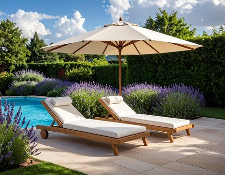 A serene backyard oasis featuring two lounge chairs under a large umbrella beside a pool surrounded by purple flowers and lush greenery