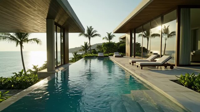 Modern tropical villa architecture with large infinity pool, ripples, sun loungers on stone deck, wood siding, floor-to-ceiling glass walls, and palm trees at sunset.