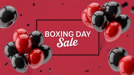Boxing Day sale, red background, black and red balloons, commercial banner