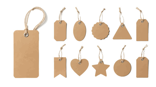 A collection of brown paper vector hang tags featuring various geometric shapes and rustic strings
