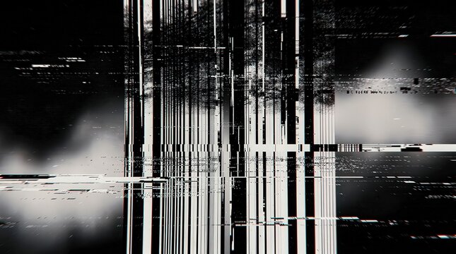 Abstract digital glitch art featuring vertical white and black lines disrupted by horizontal static and pixel distortion on a dark background.