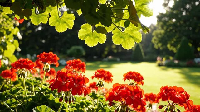 Beautiful red geranium flowers in a lush garden setting with a softfocus grassy lawn and warm golden hour sunlight filtering through