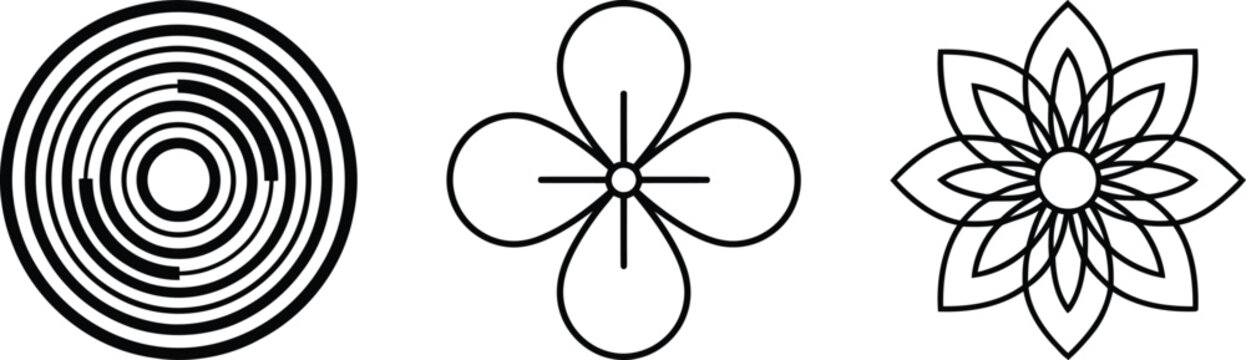 Geometric line art shapes including a circular spiral a four petal flower and a complex floral mandala ornament symbol