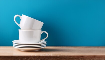 Fototapeta premium white coffee cups on wooden table over blue background kitchen mock up for design and product display