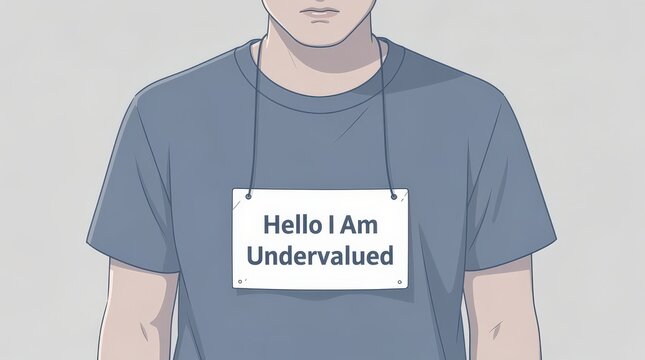 A person wearing a sign that reads "Hello I Am Undervalued," expressing feelings of being undervalued or overlooked.