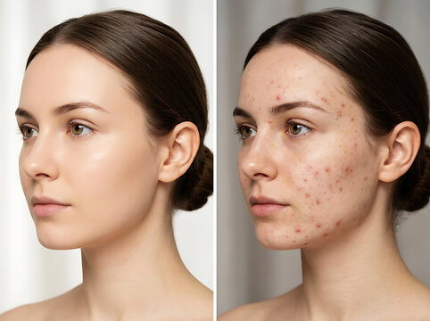 Woman's face diptych showing clear skin versus acne blemishes image