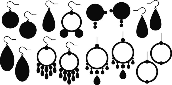 Collection of elegant female earrings silhouettes vector set featuring drop dangle hoop and tassel jewelry styles isolated on white