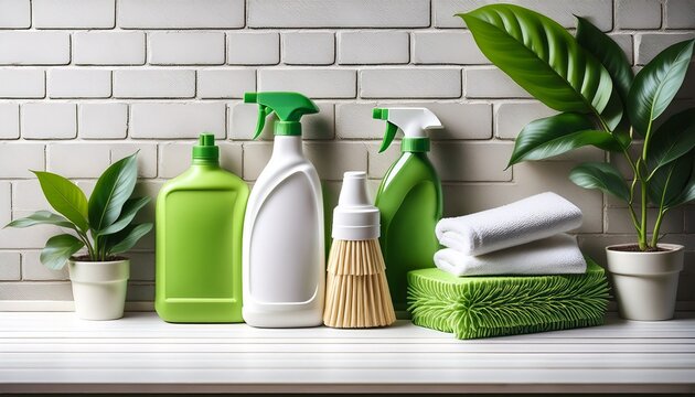 eco friendly green cleaning bottles and supplies on white wooden table over brick wall background