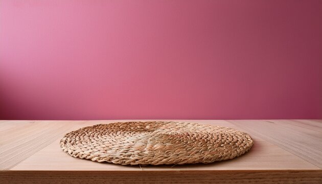 empty wooden table with wicker place mat over pink wall background mexican party mock up for design and product display
