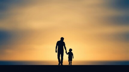 Fototapeta premium Silhouette of adult and child holding hands at sunset by the beach