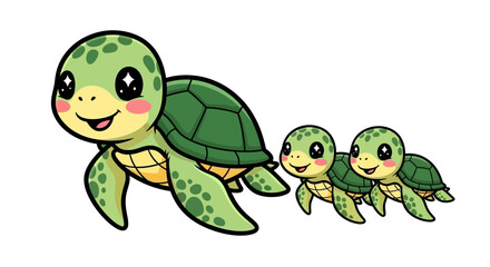 Naklejka premium Smiling turtle family walking together happily.
