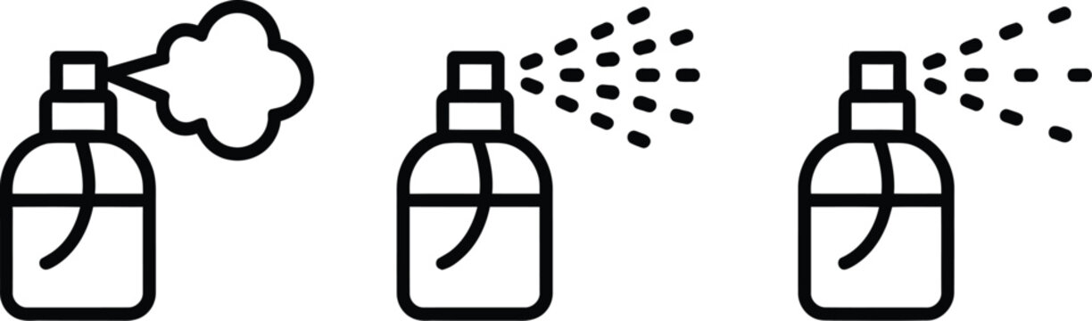 Perfume spray bottle vector icon collection containing pump sprayer aerosol stream liquid drops deodorant antiseptic mist disinfection linear graphic design.