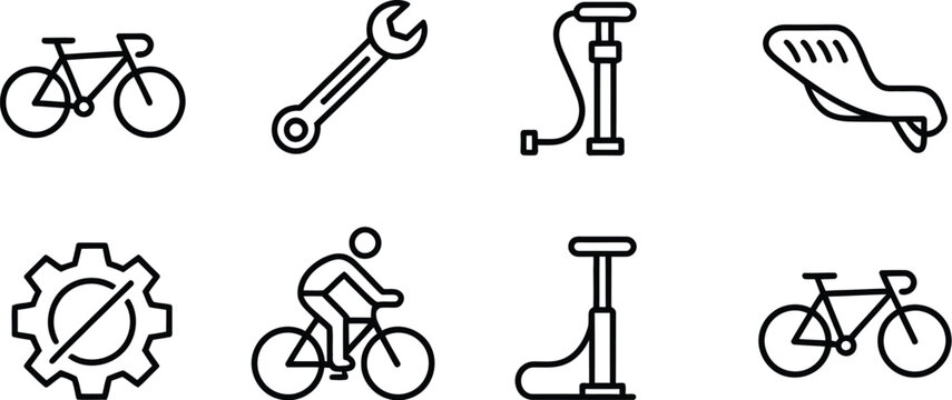 Bicycle line icon set featuring road bike wrench spanner repair tool air pump saddle seat gear cog and cyclist rider.