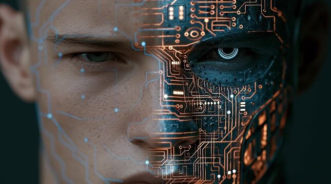 Half human half machine face portrait, artificial intelligence, cybernetic enhancement, digital transformation and future technology concept