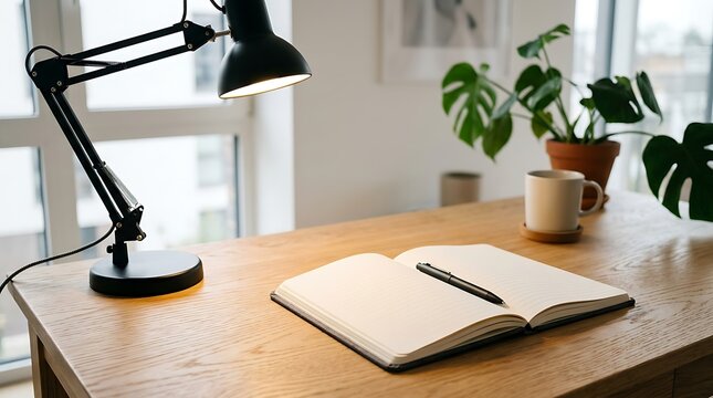 A minimalist home office desk setup with an open notebook and desk lamp