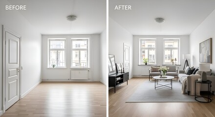 Fototapeta premium Before and After: Modern Living Room Interior Design Transformation