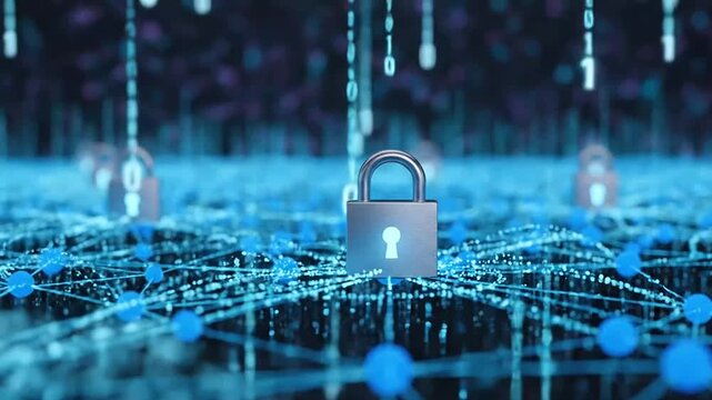 Digital padlocks on a connected blue data network background