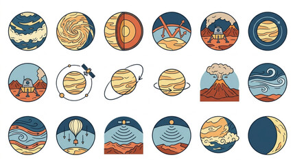 Collection of illustrated planets and celestial bodies in a circular format. © sanji