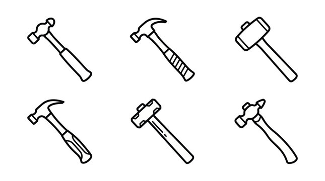 Collection of Hammer Icons, Simple Line Drawings, Tools and DIY Vector Set