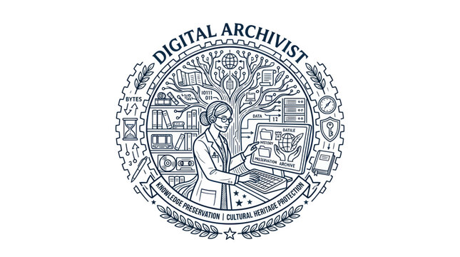 Digital Archivist Woman Organizing Information Tree with Computer and Books
