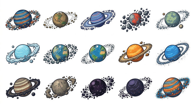 Collection of colorful planets with rings and moons.