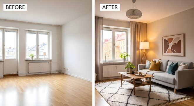 Before and After: Interior room renovation, new home design concept