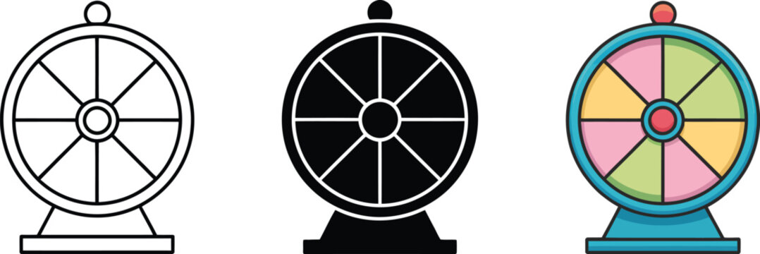 Wheel of fortune icon set, spinning prize wheel symbols for games raffles contests and lucky draws