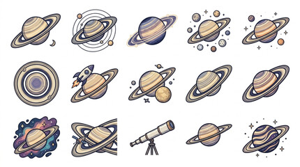 Collection of hand-drawn planets and a telescope. © sanji