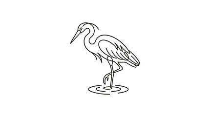 Obraz premium Outline illustration of a heron standing on one leg in shallow water, simple line art, vector graphic