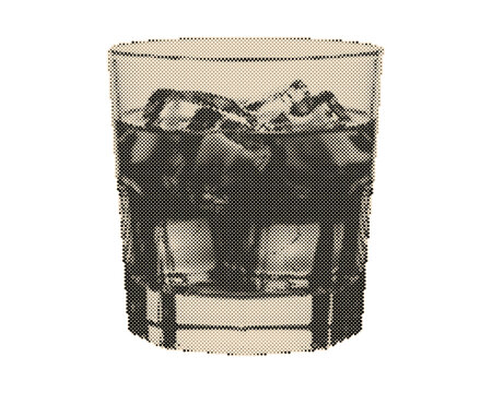 Vintage retro halftone whiskey glass with ice cubes isolated on white background