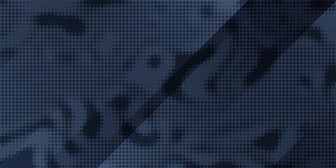 Abstract navy blue military camouflage background. Dark blue camo pattern with creative halftone dots texture. Vector illustration © mildova