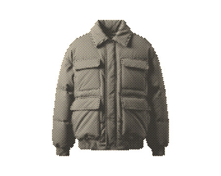 Vintage retro halftone circle dots pattern puffer jacket with zipper and pockets isolated on white background