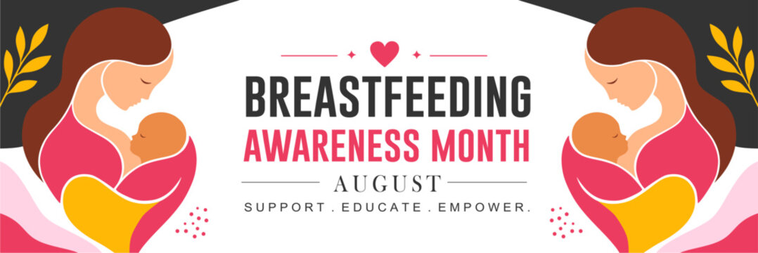 National Breastfeeding Awareness Month horizontal banner template. Features a minimalist vector illustration of a mother nursing her baby with colorful abstract shapes for August healthcare campaigns.