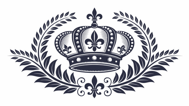 Detailed heraldic crown symbol with flourish foliage and fleur de lis elements heraldic ornament engraving illustration medieval flourish monarchy nobility detailing monochrome isolated