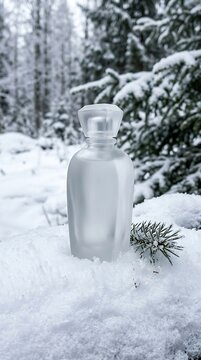 A clear perfume bottle stands on a snow-covered branch in a frosty forest, with snow-laden pine trees in the background. The subtle scent of winter and pine is almost palpable