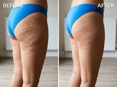 Woman's thighs before and after cellulite treatment comparison skin body