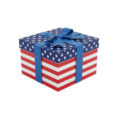 Fototapeta premium Colorful gift box with red white and blue stripes and bow on top