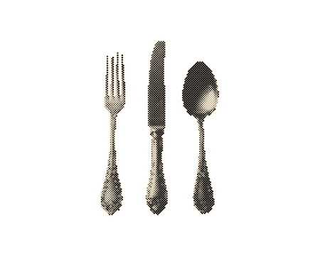 Vintage retro halftone fork knife and spoon set with circle dots pattern isolated on white background