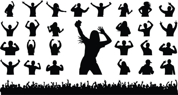 Crowds celebrate with joy in dark silhouettes.