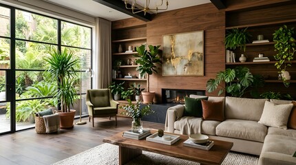 Obraz premium Stylish Living Room Interior with Plants, Fireplace and Garden View