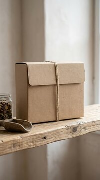 A simple brown cardboard box tied with twine sits on a rustic wooden shelf next to a glass jar and a scoop