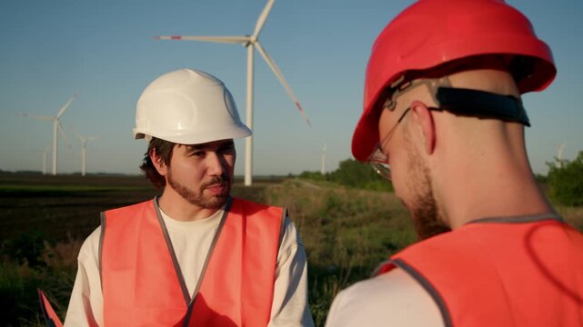 Engineer in white hard hat reprimands worker in red helmet at wind farm site. Boss points at documentation while explaining mistakes near wind turbines in rural field