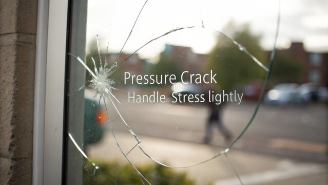 Cracked Glass Window with Inspirational Message on Stress Management in Urban Setting