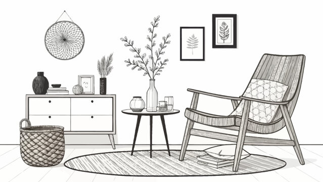 Elegant living room interior design line drawing with armchair and decor interior decoration furniture design home decor living space armchair interior furniture lifestyle apartment homeware