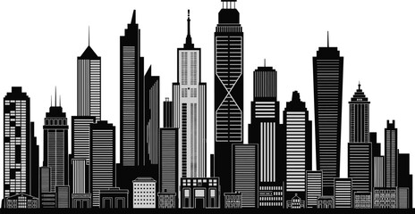 Modern black and grey city skyline vector illustration with detailed skyscrapers isolated on white background for architectural design © tajwar
