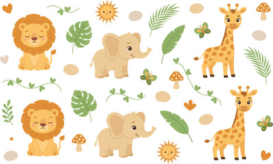 Fototapeta premium Adorable cartoon safari animals and jungle elements in a pattern for children isolated on transparent background